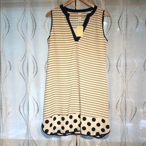 Cream & blue stripes and polka dot dress